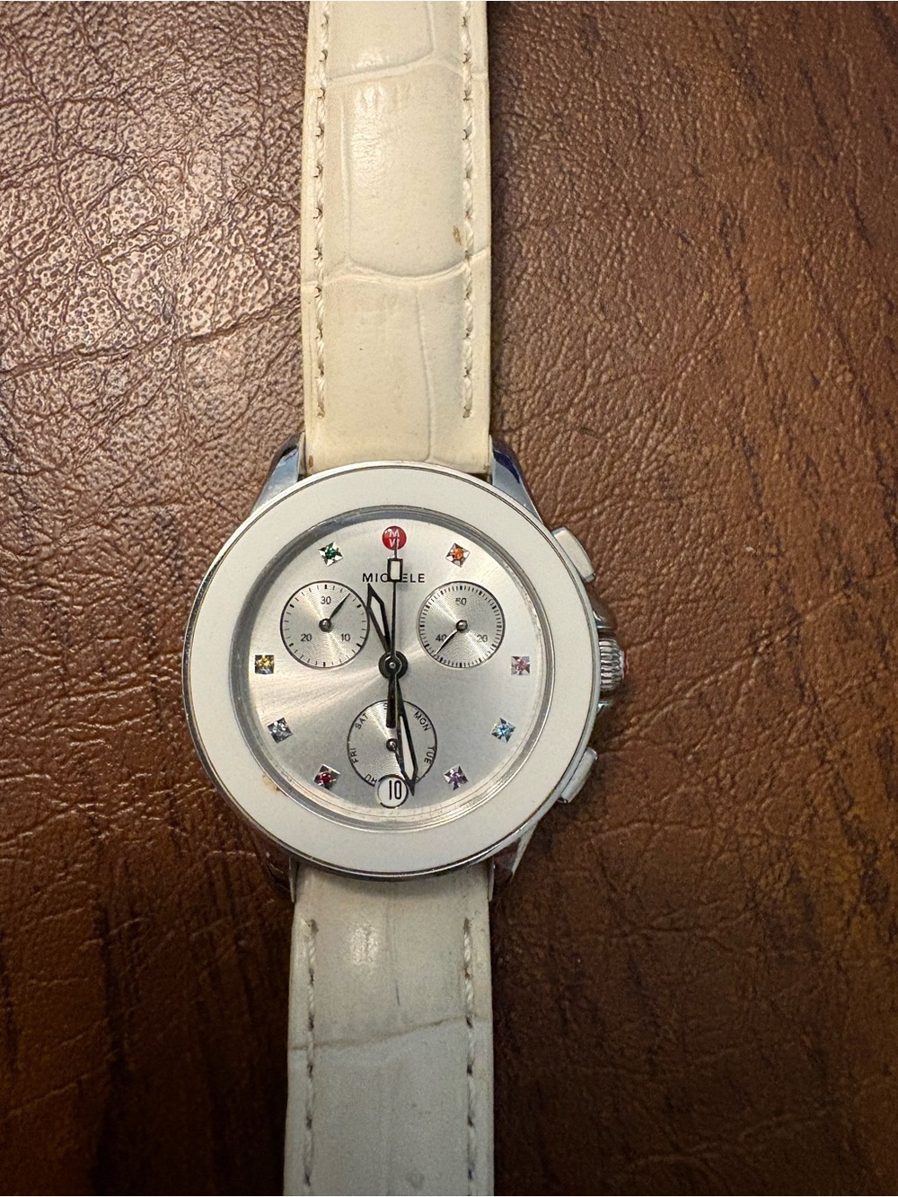 Michele White Leather Chronograph with Rainbow Crystal Markers. Needs battery